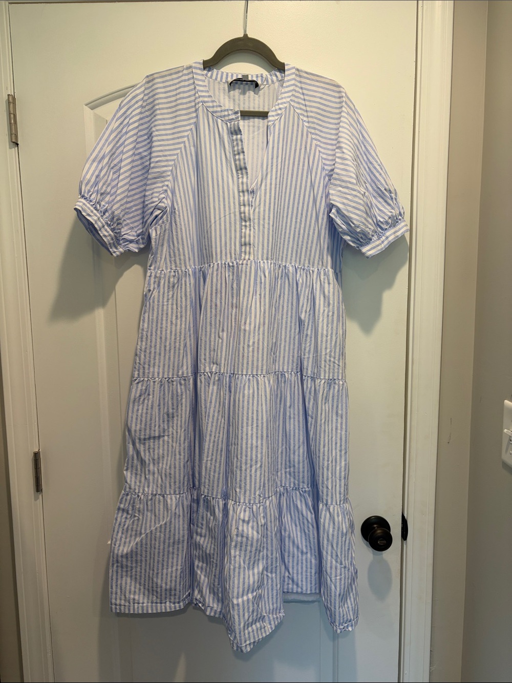 English Factory Puff Sleeve Dress Blue Stripe Coastal Preppy Tiered Cotton Large